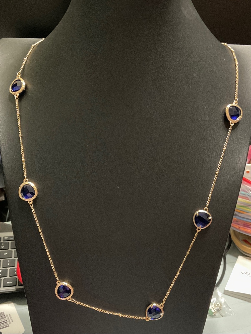 Gold Station Necklace with Sapphire-Blue Stones